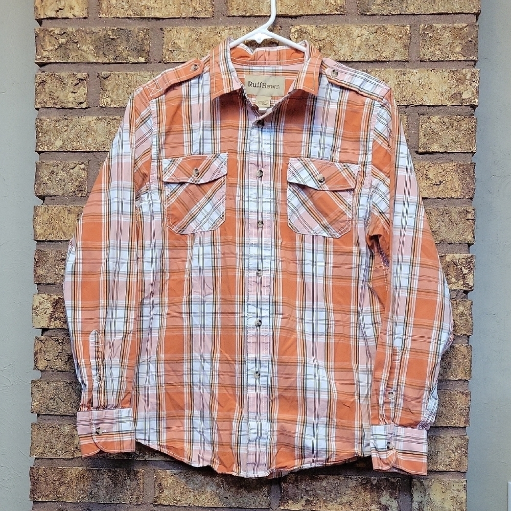 Ruff Hewn Kids Orange and White Plaid Button Down Shirt Size Large 14/16 Cotton